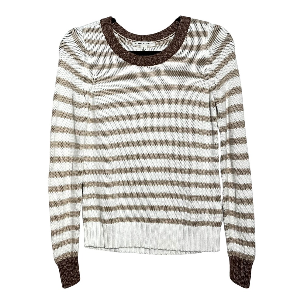 Banana Republic Womens Striped Cotton Knit Sweater Metallic‎ Trim Bronze Small